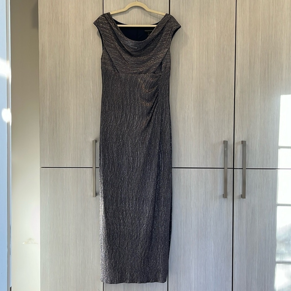 Connected Apparel | Cowl Neck Metallic Maxi Dress | Navy Blue | Size 10 - Picture 4 of 16